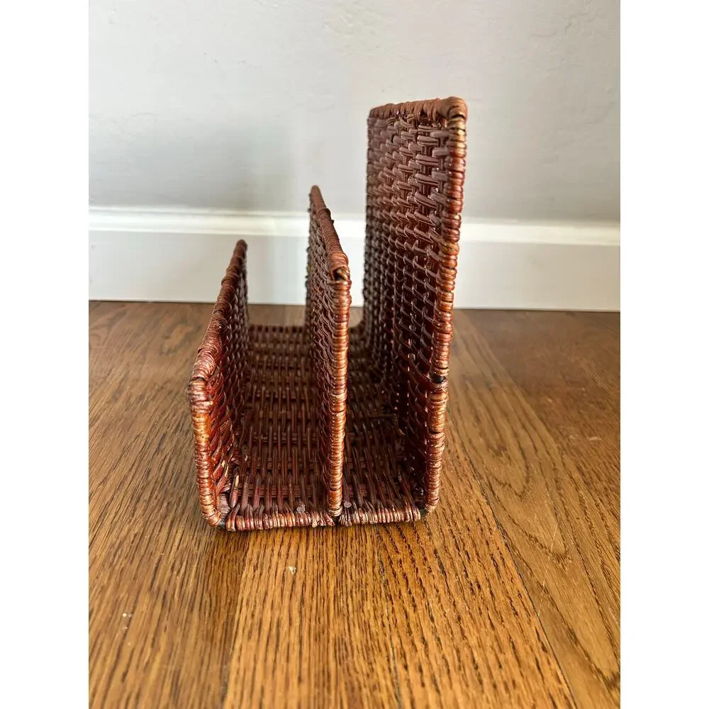 Vintage Woven Wicker Letter Rack | 3-Slot Rattan Mail & Magazine Organizer